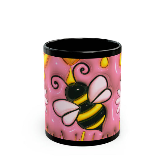 Honey Bee With Flowers 3D Ceramic Black Coffee Mug. Bee Lovers Gift Mug, 11oz