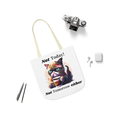 Not Today! Canvas Tote Bag with Cat Drinking Coffee, Humorous, 5-Color Straps