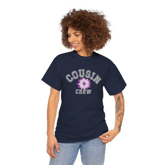 Cousin Crew T-shirt with a purple flower design in the middle 