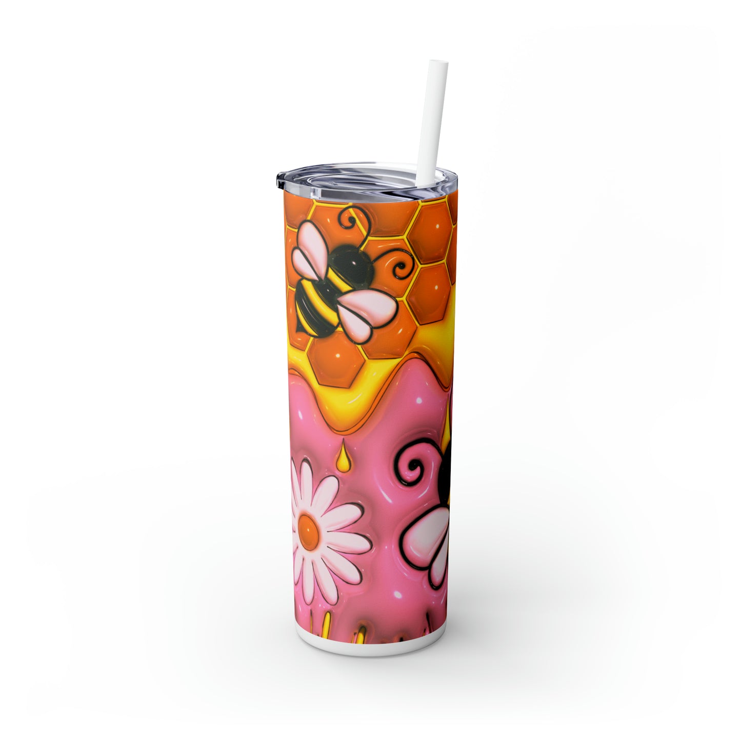 Honey Bee With Flowers 3D Design, Skinny Tumbler with Straw, 20oz