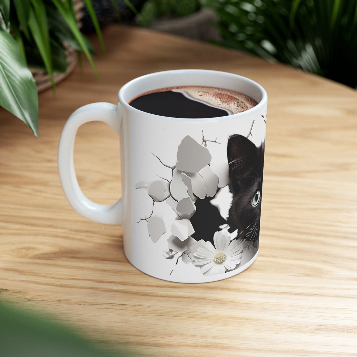 3D Ceramic Coffee Mug. Black Cat Breaking Through Coffee Mug, 11oz