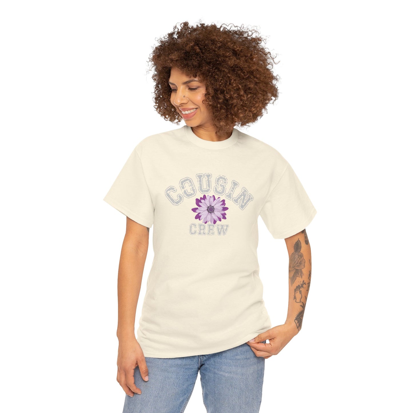 Cousin Crew T-shirt with a purple flower design in the middle 