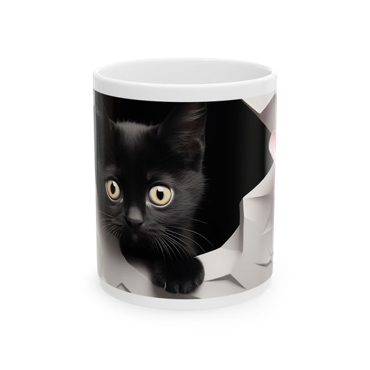 3D Ceramic Coffee Mug. Black Cat Stepping Out Of A Coffee Cup, Customized 3D Mug, 11oz