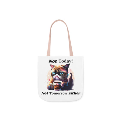 Not Today! Canvas Tote Bag with Cat Drinking Coffee, Humorous, 5-Color Straps