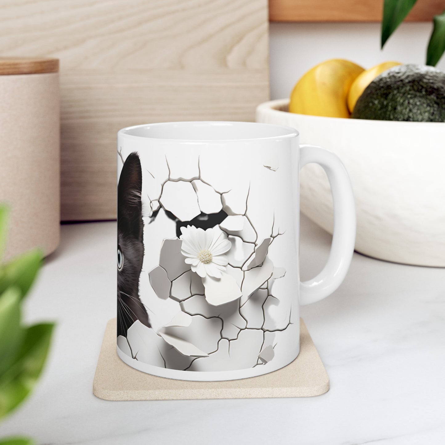 3D Ceramic Coffee Mug. Black Cat Breaking Through Coffee Mug, 11oz