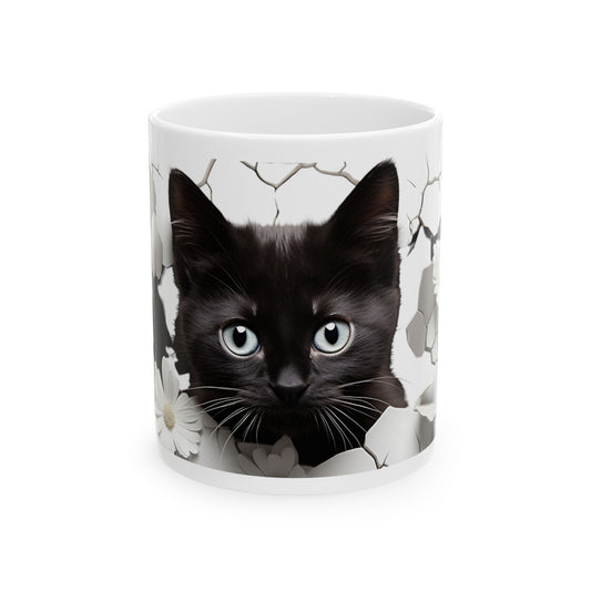 3D Ceramic Coffee Mug. Black Cat Breaking Through Coffee Mug, 11oz