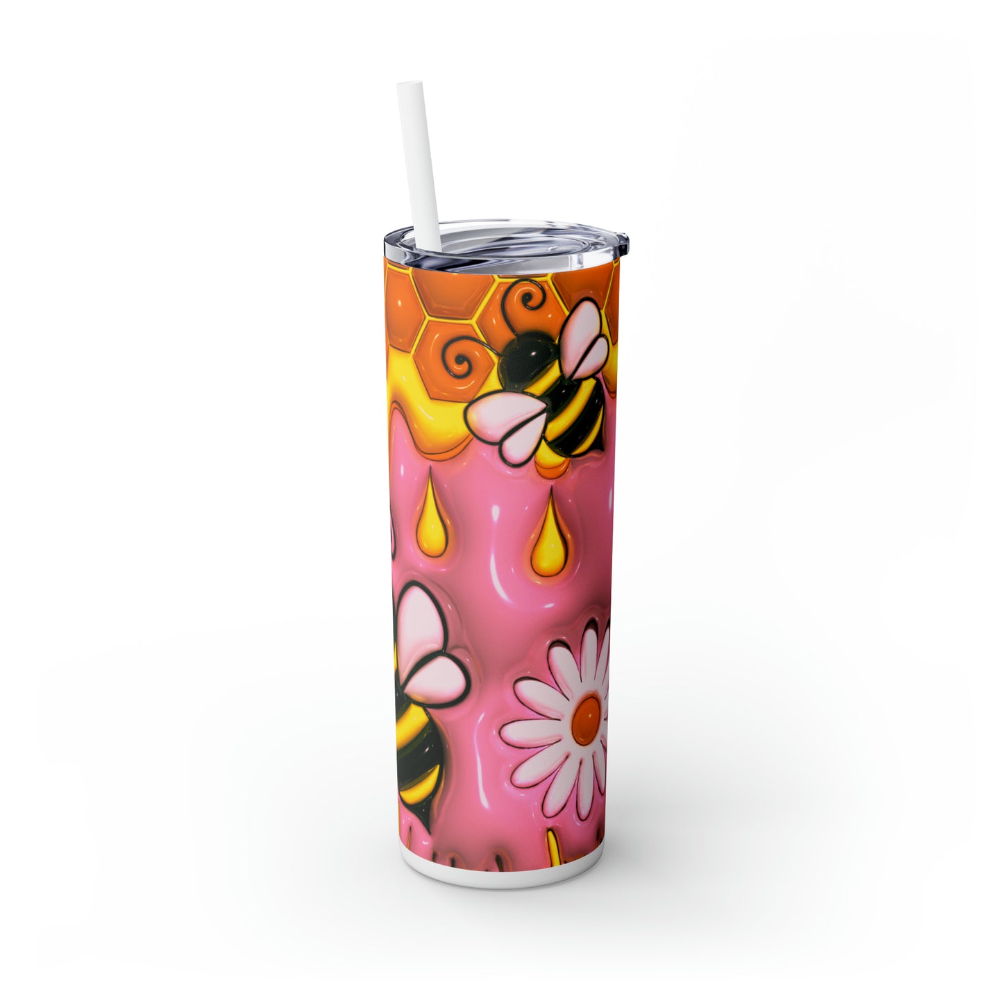 Honey Bee With Flowers 3D Design, Skinny Tumbler with Straw, 20oz