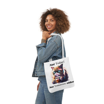 Not Today! Canvas Tote Bag with Cat Drinking Coffee, Humorous, 5-Color Straps