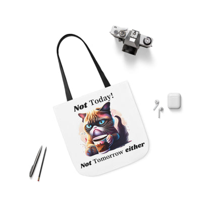 Not Today! Canvas Tote Bag with Cat Drinking Coffee, Humorous, 5-Color Straps