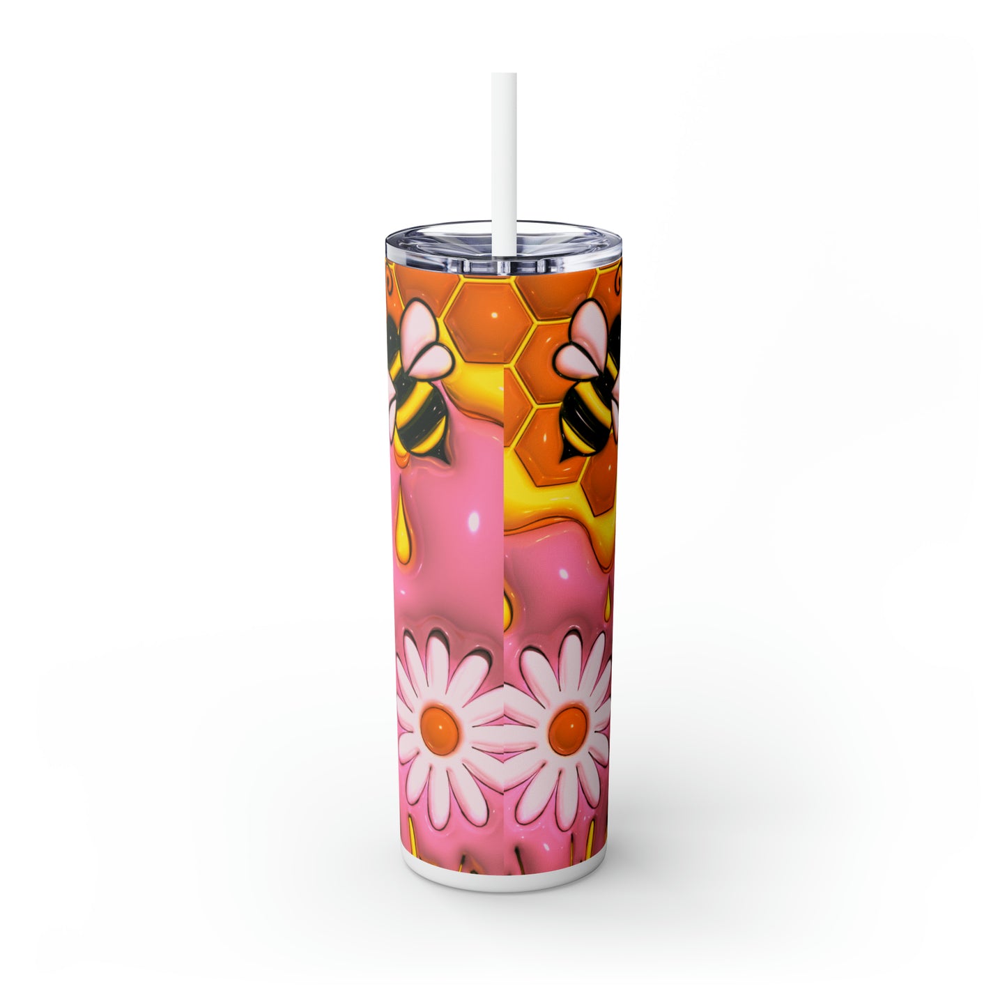 Honey Bee With Flowers 3D Design, Skinny Tumbler with Straw, 20oz