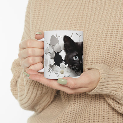 3D Ceramic Coffee Mug. Black Cat Breaking Through Coffee Mug, 11oz